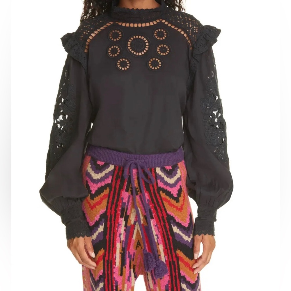 Farm Rio Anthropologie Black Lace & Eyelet Blouse, Sz XS